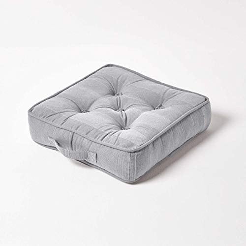 HOMESCAPES Rajput 100% Cotton Floor Cushion Silver Grey 40 x 40 x 8 cm Square Indoor Garden Dining Chair Booster Seat Pad Cushion