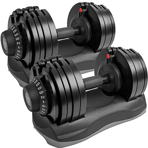 DialTech Hantelsystem von 5 bis 32,5 kg | schnell verstellbar und platzsparend | Anti-Rutsch-Griff | 12 Hanteln in 1 | Lieferumfang: 2 Hanteln + 2 Ablageschalen