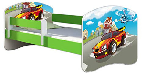ACMA Kinderbett Jugendbett mit Einer Schublade und Matratze Grün mit Rausfallschutz Lattenrost II 140x70 160x80 180x80 (03 Racing Car, 180x80)