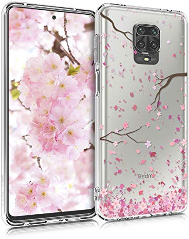 kwmobile Clear Case Compatible with Xiaomi Redmi Note 9S / 9 Pro / 9 Pro Max - Phone Case Soft TPU Cover - Cherry Blossoms Pink/Dark Brown/Transparent