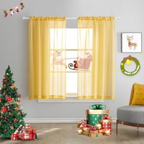 TOAVA DECO Halbtransparente Weihnachtsvorhänge, 160 cm Länge, Kunstleinen, leuchtend gelb, durchscheinender Vorhang für Schlafzimmer, Wohnzimmer, Mädchen, Kinderzimmer, 2 Paneele, 132 x 160 cm lang