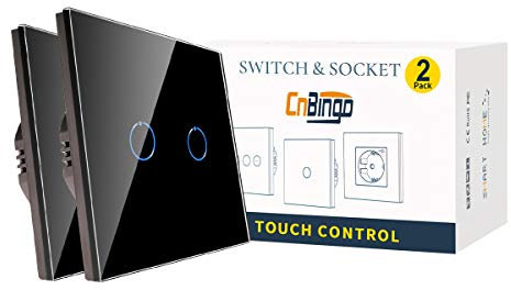 CNBINGO 2 paquetes Interruptor de luz táctil, doble interruptor Negro, panel de vidrio de sistema táctil un LED de estado, no se requiere un conductor neutral, 2 bandas de, AC 240 V, 800 W/bandas de