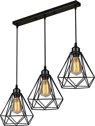 DC VOLTAGE Vintage Industrial 20cm 3-Way Black Rectangular Metal Wire Cage Pendant Light with Adjustable Hanging Cable Light Fixture for Hallway Living Room