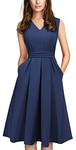 HOMEYEE Damen Vintage 50er Ärmellos Cocktail Retro mit Pocket Flared Kleid A196 (S, Dunkelblau)