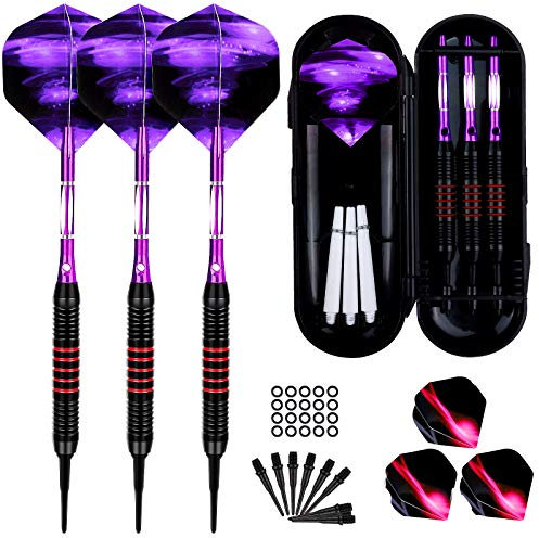 Dartpfeile mit Kunststoffspitze für Elektronische Dartscheibe 3 Stück Soft Darts Pfeile Set, 18 Gramm Profi Softdarts Dartpfeil und Extra Schafts Flights Dartspitzen Anti-Lose Gummiringe (Violett)