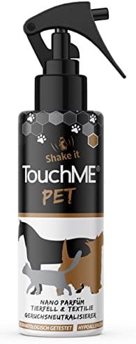 TouchME - berührungsaktiver Geruchsentferner & Textilerfrischer Spray | gegen Tiergeruch im Hundebett oder Katzenkörbchen | inkl. Fellpflege für Hunde, Katzen & Pferde | Pet Blue200ml (blumig)