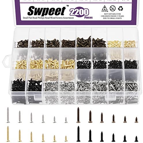 Swpeet 2200 piezas de 4 colores 5 mm, 6 mm, 8 mm, 10 mm, 12 mm, 16 mm, kit surtido de tornillos de madera, varios mini tornillos de madera, tornillos de pared de yeso, tornillos de cabeza plana