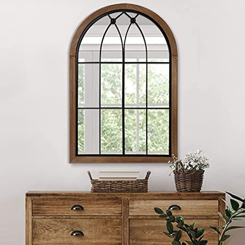 blue page Espejo arqueado, decoración de pared de arco de granja, espejo de pared decorativo como ventana, espejo de acento rústico, espejo enmarcado de madera para tocador de baño, dormitorio,