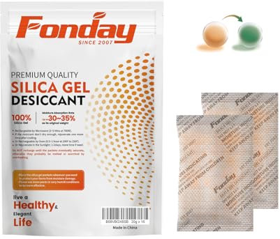 20Gram x 15Packet Fonday Rechargeable Silica Gel Desiccant Packets Food Grade Fast Reactivate Moisture Indicating Orange to Green