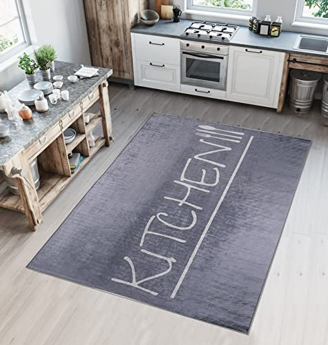 Pasha Home Küchenläufer, Flurläufer – Waschbar bei 30 °C, rutschfest, Pflegeleicht – Indoor-Teppich für Küche, Flur, Wohnzimmer – Perfekt für Innenräume – Grau-Kitchen, 120x180 cm