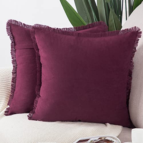 Madizz 2er Set Kissenbezügen aus Wildleder mit Fransenquasten Weiche dekorative Kissenbezüge für Sofa Schlafzimmer Kissenhülle Dunkelrot 45x45 cm Quadrat