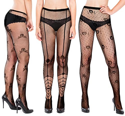3 Paar Schwarze Halloween Netzstrumpfhosen Damen Halloween Strümpfe Totenkopf Muster Spinnennetz Strumpfhose Gotische Schwarze Fischnetz Strumpfhosen für Mädchen Frauen Kostüm