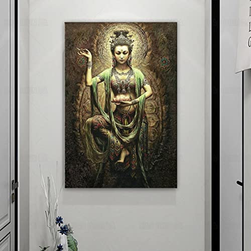 Kwan Yin und Guanyin Drucke Bilder Zimmer Wandkunst Leinwand Dekor Poster Ölgemälde Wohnzimmer Dekor19.6x 27.5(50x70cm) Kein Rahmen