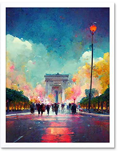 Doppelganger33 LTD Colourful Champs-Elysees And Arc De Triomphe Modern Art Print Framed Poster Wall Decor 12x16 inch