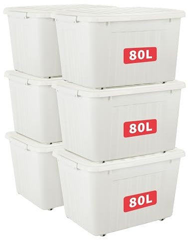 Cetomo 80L*6 Cajas de Almacenamiento con Tapas, Contenedores de Plástico con Ruedas, Clip On, Apilables, Encajables, Organizador Rayado para Oficina en Casa, Blanco, 80L-6 Pack