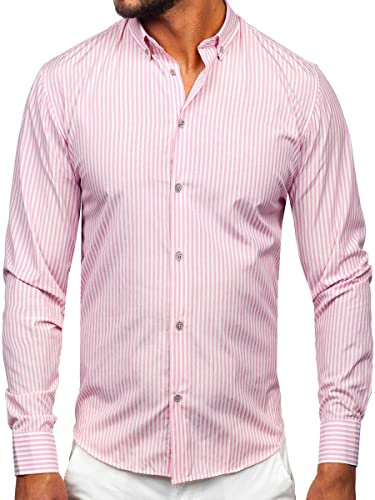 BOLF Uomo Camicia a Manica Lunga Camicetta a Righe Elegante Quotidiana Tempo Libero Festa Classica Basic Slim Fit Casual Style 22731 Rosa XL [2B2]