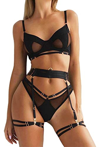 Ojostern Dessous Damen Sexy Unterwäsche für Frau Strapsen Dessous-Set | BH mit Choker,alle Bänder individuell einstellbar,Reizwäsche Outfit mit Strapsgürtel mit Strumpfband,bequem und sexy,4-Tlg.