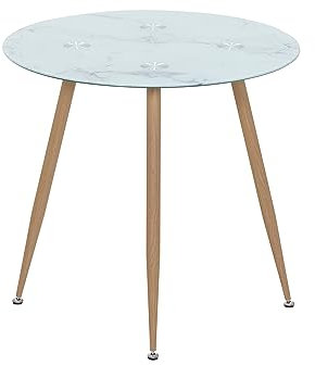 MOG CASA Mesa de Comedor Fija Redonda Corin | 80 x 80 x 75 cm | Ideal para Cocina o Salón | Ideal para 2 a 4 Personas | Tablero con Efecto Mármol Blanco | Patas Metálicas en Imitación Madera
