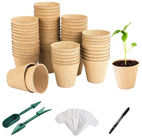 BIPY 50Pcs 8cm Round Biodegradable Fibre Seed Pots for Seedling with 50 Pcs Plastic Labels Pen A little Dibber and Fork for Growing Plants Vegetables Fruit Flowers Gardens