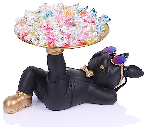 QIANLING - Schwarze französische Bulldoggen-Statue - Bulldoggen-Tablett, Süßigkeitenschüssel und Schlüsselhalter - Moderner Stil - 27.9 cm x 11.4 cm x 15 cm