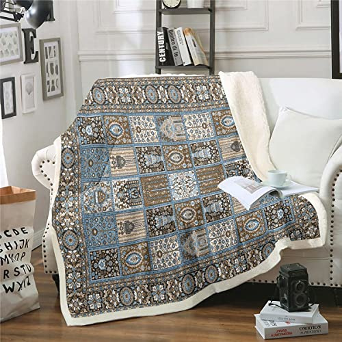 Homewish Orientalische Sherpa Decke Vintage Patchwork Decke, Braune Persische Wurf Decke für Stuhl 75x100cm Boho Mandala Vlies Decke, Ästhetische Hippie Plüsch Decke für Kinder Kleinkind Zimmer Dekor