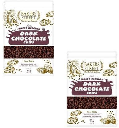 Bakers Street Dark Chocolate Chips | (2X1Kg) Pack | Premium Quality | Baking & Dessrets | Makeing Cake, Muffin and all of bakings