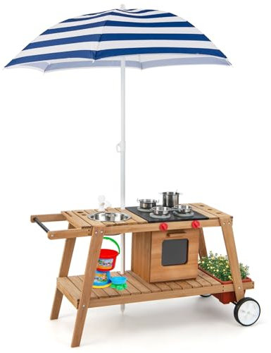 GYMAX Kids Mud Kitchen, Outdoor Wooden Toy Kitchen with Removable Umbrella, Wheels, Stove, Sink, Storage Space and Accessories, Pretend Children Cooking Cart for Girls Boys (Blue+Natural)