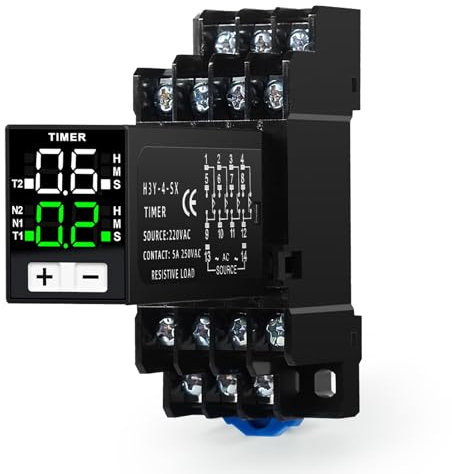 Jadeshay Temporizzatore 220V,Relè Temporizzato Ciclo 0.1secondi a 99ore 4NO 4NC Modulo Interruttore Timer con Base, Doppia Display a LED Interruttore Orario Digitale