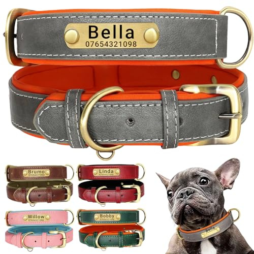 SEOUGEE Collar de perro de cuero genuino personalizado, collar de perro de cuero acolchado suave resistente con placa de nombre grabada personalizada ajustable para perros pequeños, medianos y grandes