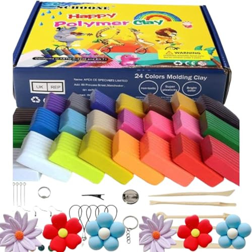 SCHOONE 24 Colors Polymer Clay Kit - Oven Bake Modeling Clay, Non-Toxic & Soft DIY Sculpting Clay for Kids & Beginners, with Tools, Jewelry Making, Craft Art Supplies (Multicolor, 24-Pack)