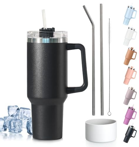 Tuocal 40oz Tumbler with Straw Lid and Handle + 2 Stainless Steel Straws + Silicone Boot, 1180 ml Double Wall Vacuum Insulated Cup, Car Coffee Mug, Travel Water Bottle for Hot Iced Coffee, Black