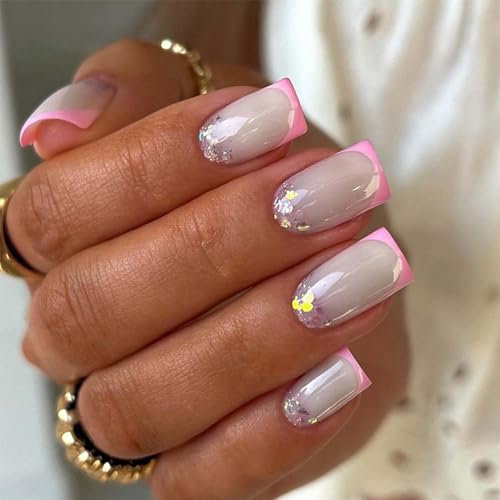24Pcs Pink French False Nails - Press on Nails - Square Long Glitter Sequins Fake with Glue - Glossy Full Cover Glue on Nails - Long Lasting Stick on Nails Gifts for Women