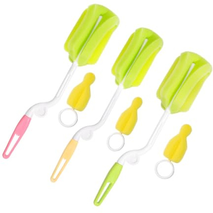 Abaodam 360 Degree Rotating Baby Bottle Cleaning Brush Set Pacifier Sponge Brush 3pcs Yellow Green Pink