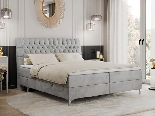MKS MEBLE Boxspringbett Milen 160x200 cm mit Zwei Bettkästen, T30-Schaum, Doppelbett mit Beinen, Polsterbett mit Multipocket-Matratzen H3 und Topper T25 - Hellgrau Velvet