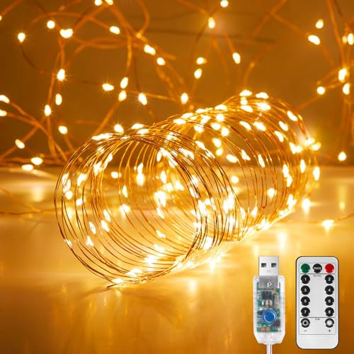 Ariceleo Luces de Hadas LED USB, 1 Paquete 10Metro Alambre de Cobre Centelleante con Control Remoto & Temporizador, 8 Modos, Impermeable, Luces de Estrellas Blanco Cálido para Fiesta, Boda, Navidad
