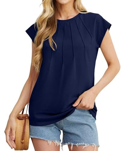 GRECERELLE T Shirts for Women UK, Summer Tops for Ladies UK, Cap Sleeves Casual T-Shirt, Casual Pleated Ladies Summer Tops (Navy Blue, L)