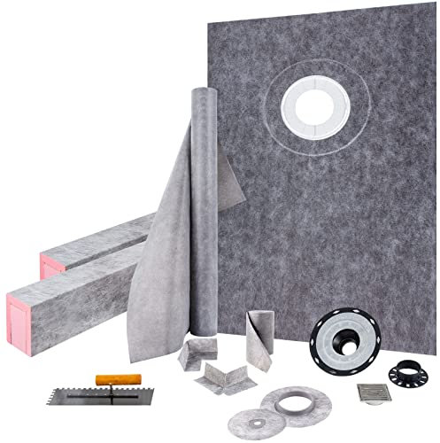VEVOR Shower Curb Kit 38 x 60 Watertight Shower Curb Overlay with 4 PVC Offset Bonding Flange, 4 Stainless Steel Grate, 2 Cuttable Shower Curb and Trowel, Shower Pan Slope Sticks Fit for Bathr
