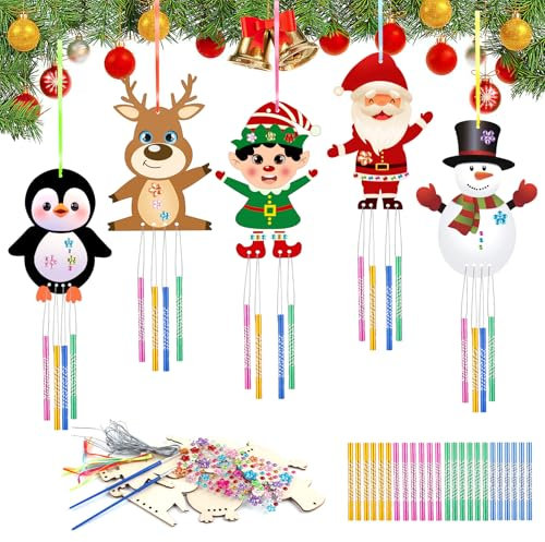 Bastelset Weihnachten, Windspie Für Kinder, 5 Stück Holz Weihnachtsanhänger Zum Bemalen, DIY Weihnachtsdeko 3-6 Jahre