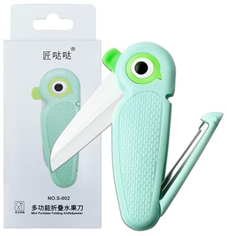 Couteau D'office en Céramique 2 en 1 - Éplucheur Portable Multifonctionnel, Lame Pliante Tranchante de 6 cm, Mini Perroquet pour Fruits, Voyage, Camping (Bleu)