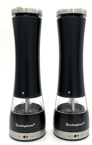 Buckingham 30911 Electric Salt and Pepper Set Premium Black Ceramic Grind Soft Touch Push Button Battery Operated Adjustable Spices Grinders Mechanism, Stainless Steel