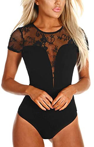 MAYFASEY Womens Lace Bodysuit Short Sleeve See Through Party Club Leotard Top, Black, S