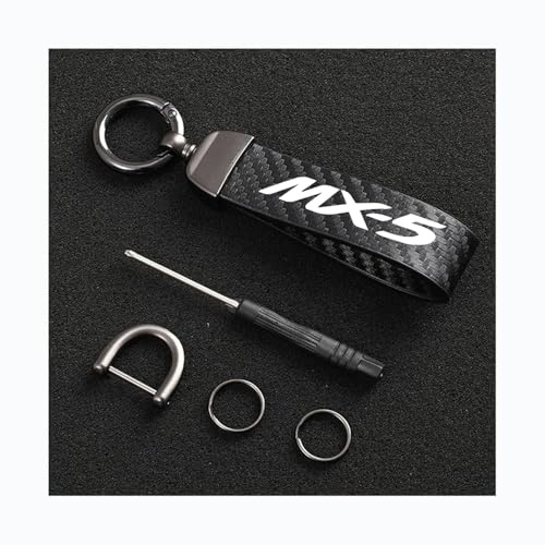 Generisch Auto Schlüsselanhänger für Mazda MX-5 MX 5 MX5 Kohlefaser Leder Seil 360 ° Drehbarem Anti-Verlust-D-Ring Schlüsselanhänger Auto Zubehör,Black-12.5CM