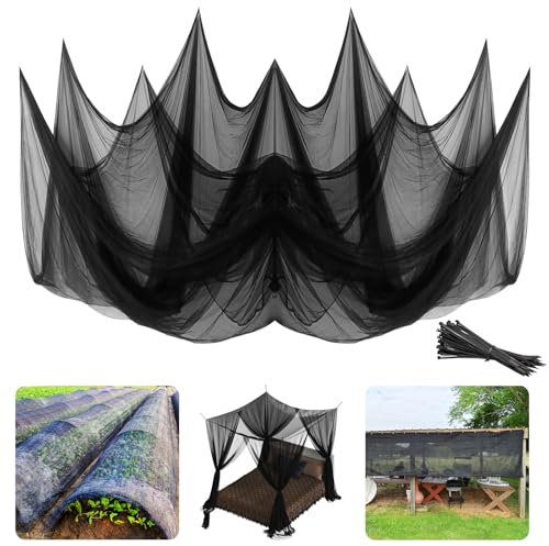 Moustiquaire de terrasse de 3 x 15,2 m, barrière contre les insectes et les oiseaux pour jardin, légumes, fruits, rideaux de lit noirs avec 100 sangles