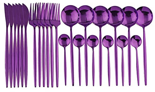 dvegGEE Set di Piatti, Set di Posate in Argento, Set di Posate in Acciaio Inossidabile Viola da 24 Pezzi, Set di scatole Regalo con Coltello, forchetta, Cucchiaio(Purple)