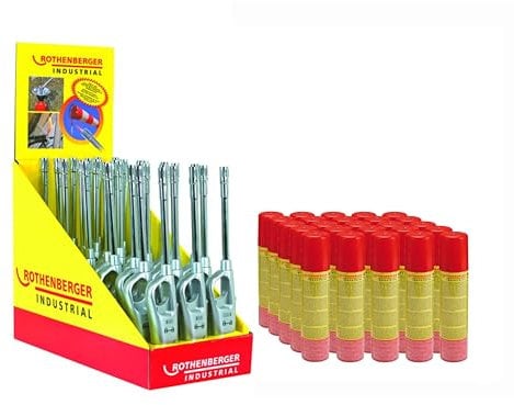 ROTHENBERGER Industrial 30x Gasanzünder Sturmsicher im Theken-Display und 25x Rofill Nachfüllgas | Stab Feuerzeug | Piezo | Füllanzeige | Wiederbefüllbar | Kindersicherung | Abzugsperre