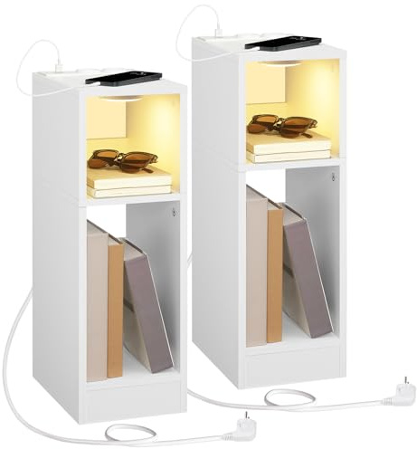 MAHANCRIS Beistelltisch mit Ladestation, Nachttisch mit Sensor-LED-Licht, Couchtisch, für Kleine Räume, Wohnzimmer, Schlafzimmer, Weiß AETWT25UE01S2
