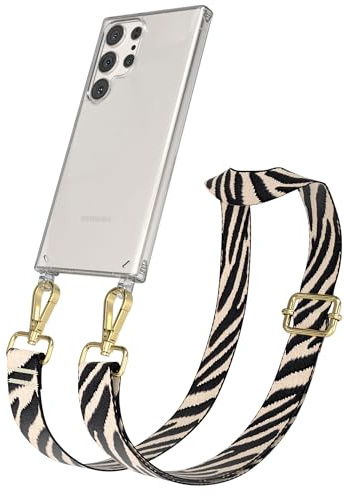 EAZY CASE Handykette - Verstellbares Taschenband kompatibel mit Galaxy S23 Ultra, Schulterriemen, Handykordel mit Silikon Hülle, Umhängetasche, Zebra - Schwarz Beige Gold
