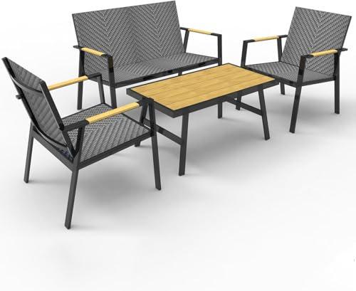 RANSENERS Premium Gartenmöbelset Wetterfest 4 Personen Outdoor - inkl. 2 Sessel Gartenbank Tisch - Aluminium Rahmen und Polyrattan Sitzfläche für Innen und Außen - Grau