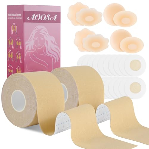AOOSA Brust Tape Set, 2 Rollen Premium Klebe Push Up BH | Wasserdichter Atmungsaktiver Boobytape, 2Arten hautfreundlicher unsichtbarer Brüste Nippelpads für Große Brust (A-G Körbchen)