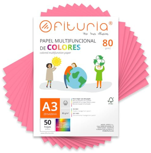 Feuilles de couleur, Pack 50 Feuilles A3 80gr – Papier couleur pour loisirs créatifs, imprimante, scrapbooking – Feuilles colorées – Idéal pour origami, pliage, bureau et école (Rose, 50h)